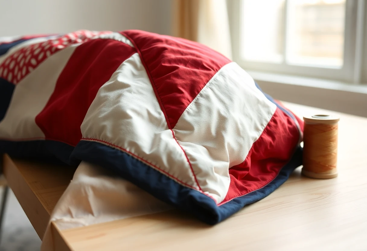 A red, cream and navy patchwork quilt folded on a wooden table, its edge finished with navy binding and a thin red line, beside a spool of thread