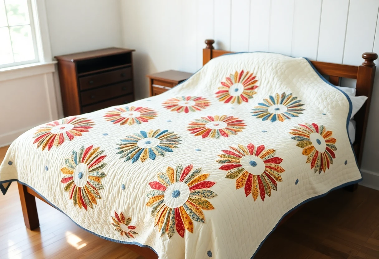A quilt of Dresden plates with scrappy pointed blades around white centers on a cream background, spread over a wooden bed