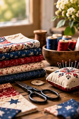 Folded red, navy and cream quilting cottons, spools of thread, a pincushion and scissors on a wooden table