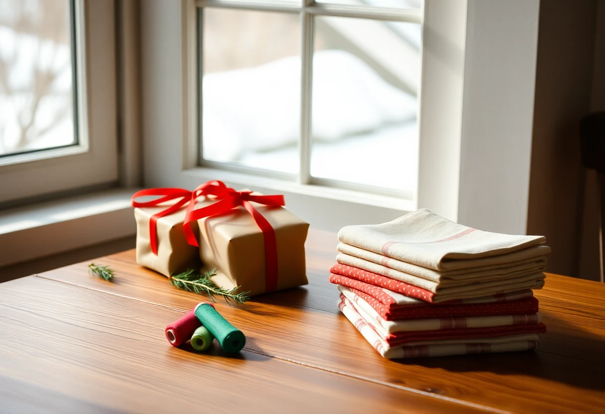 A present wrapped in brown paper and red ribbon on a wooden table by a snowy window, with folded red and cream fabric and three spools of thread
