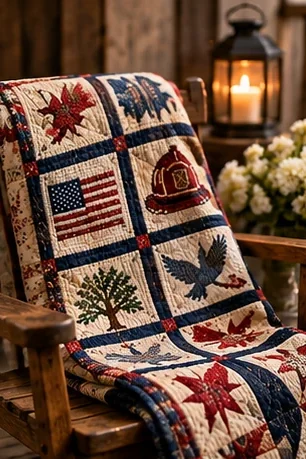 Illustration of a memorial quilt of stitched squares, including a flag, a firefighter's helmet, an eagle and a tree, draped over a wooden chair beside a lit lantern