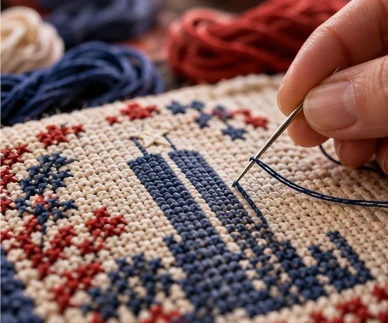 Close-up of a cross-stitch in progress: a needle threaded with navy floss working the Twin Towers in navy, with red and blue stars around them on cream fabric