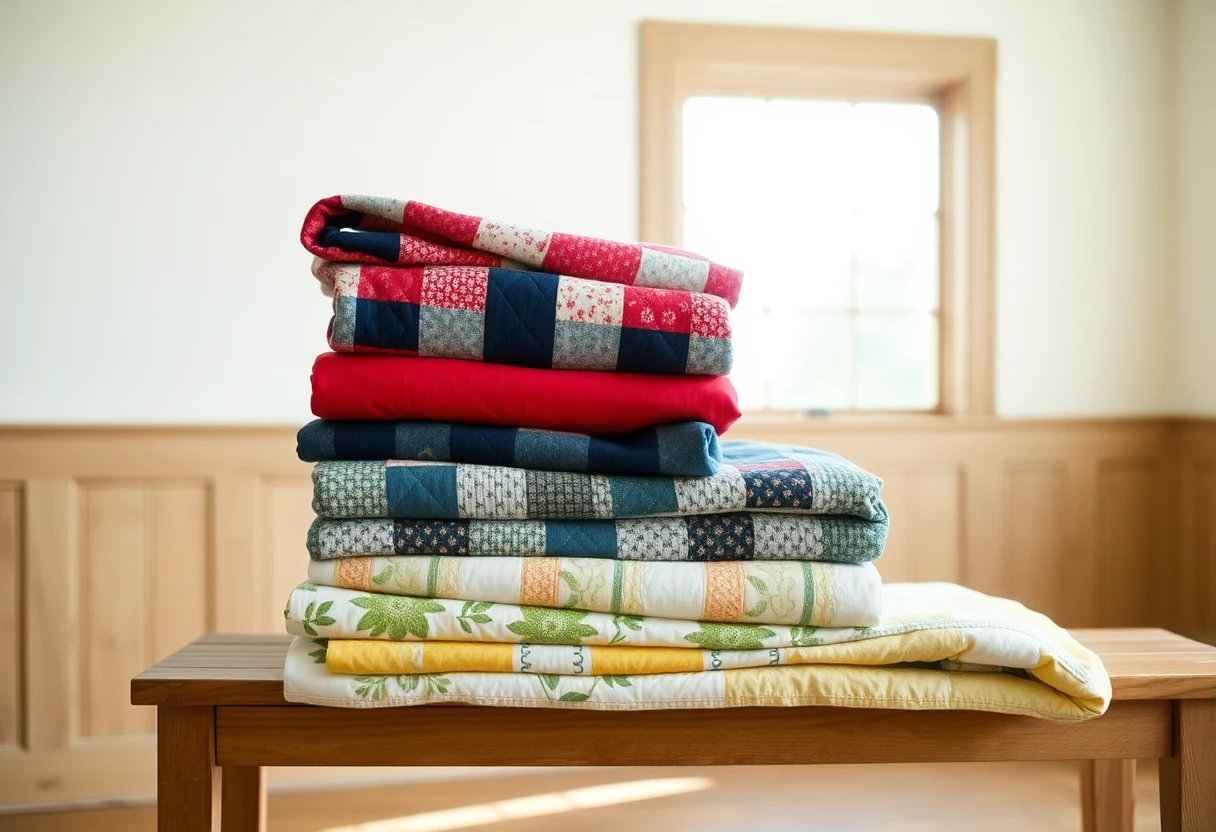 A stack of folded handmade quilts in many colors on a wooden bench by a sunny window
