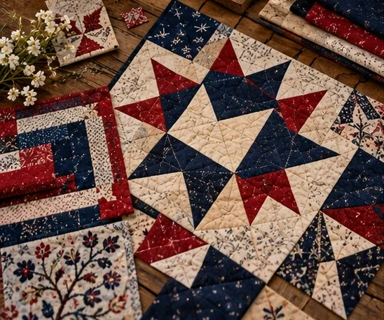 Red, navy and cream star quilt blocks and a log cabin block laid out on a wooden table with a sprig of white flowers