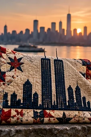 Illustration of a quilt with the Twin Towers stitched in navy, draped on a stone ledge with the New York skyline behind it at sunset