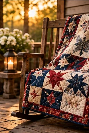 A red, navy and cream star quilt draped over a wooden rocking chair on a porch in warm evening light