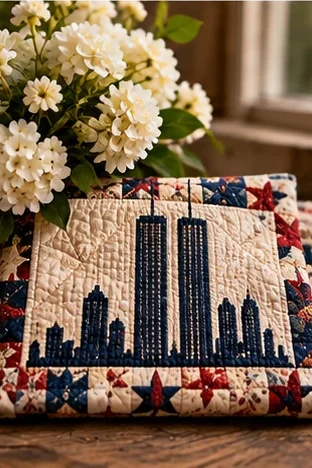 Illustration of a quilted block showing the Twin Towers and a city skyline in navy, framed by red and blue star blocks, beside white flowers