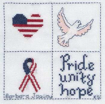 Cross-stitched memorial square by Barbara Jaquay