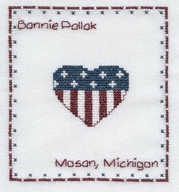 Cross-stitched memorial square by Bonnie Pollok