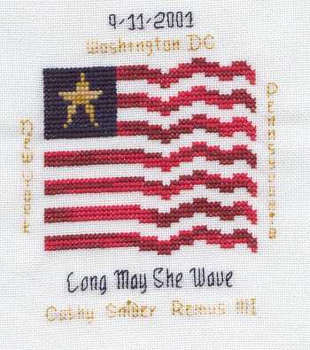 Cross-stitched memorial square by Cathy Snider