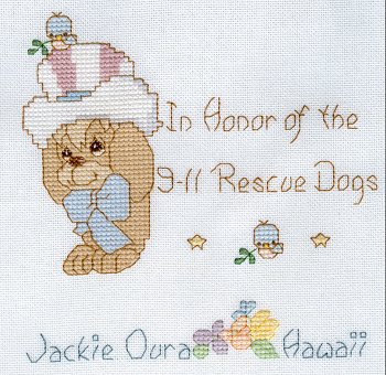 Cross-stitched memorial square by Jackie Oura