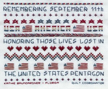 Cross-stitched memorial square by Kathie Baumgardner