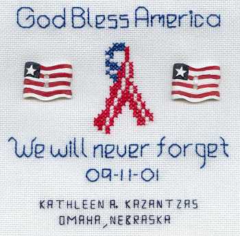 Cross-stitched memorial square by Kathy Kazantzas