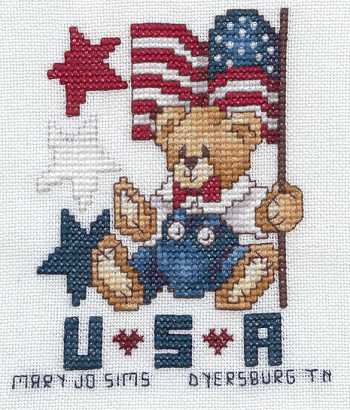 Cross-stitched memorial square by Mary Jo Sims