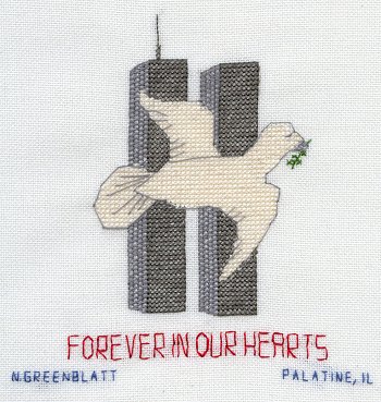 Cross-stitched memorial square by Nancy Greenblatt
