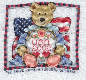 Cross-stitched memorial square by Rachel Shirk