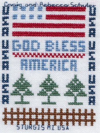 Cross-stitched memorial square by Rebecca Schuler
