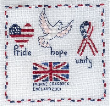 Cross-stitched memorial square by Yvonne Craddock